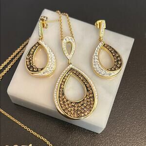 18KP ovr Bronze OTC 18” Pendant Tear Drop Rhinestone Necklace & Earrings Set #27